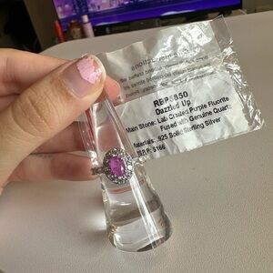 Sterling Silver Ring with Purple Oval Stone and Halo